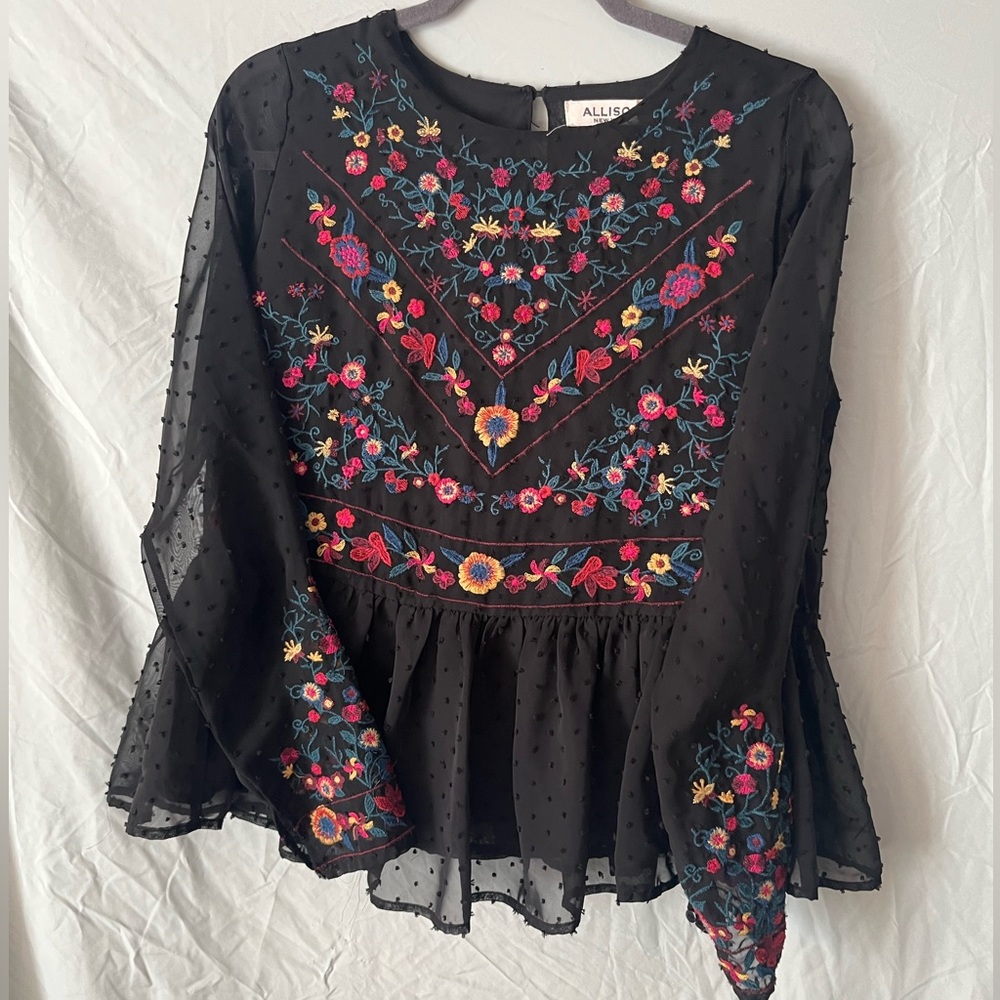 ALLISON New York Peplum Swiss Dot blouse Anthropologie Black M 10